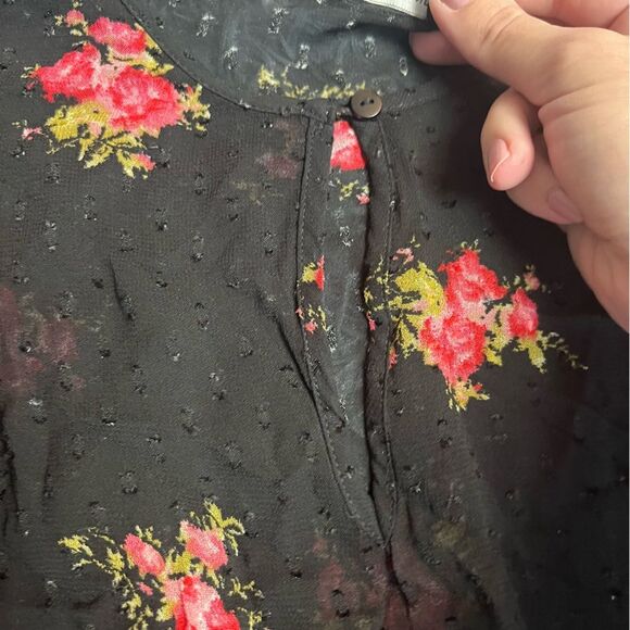 Lucky Brand Boho Floral Print Clip Dot Top Black Pink Size M - Picture 4 of 8